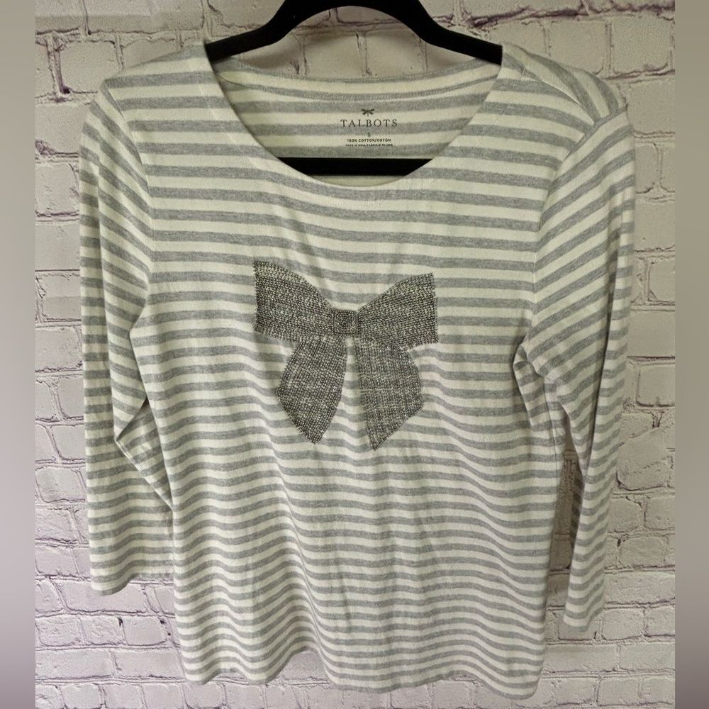 Talbots Shirt Women White Gray Striped 3/4 Sleeve Embellished Bow Tee Shirt S
